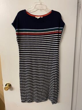 Boden Navy Striped Crewneck Shift Dress with Color Accent